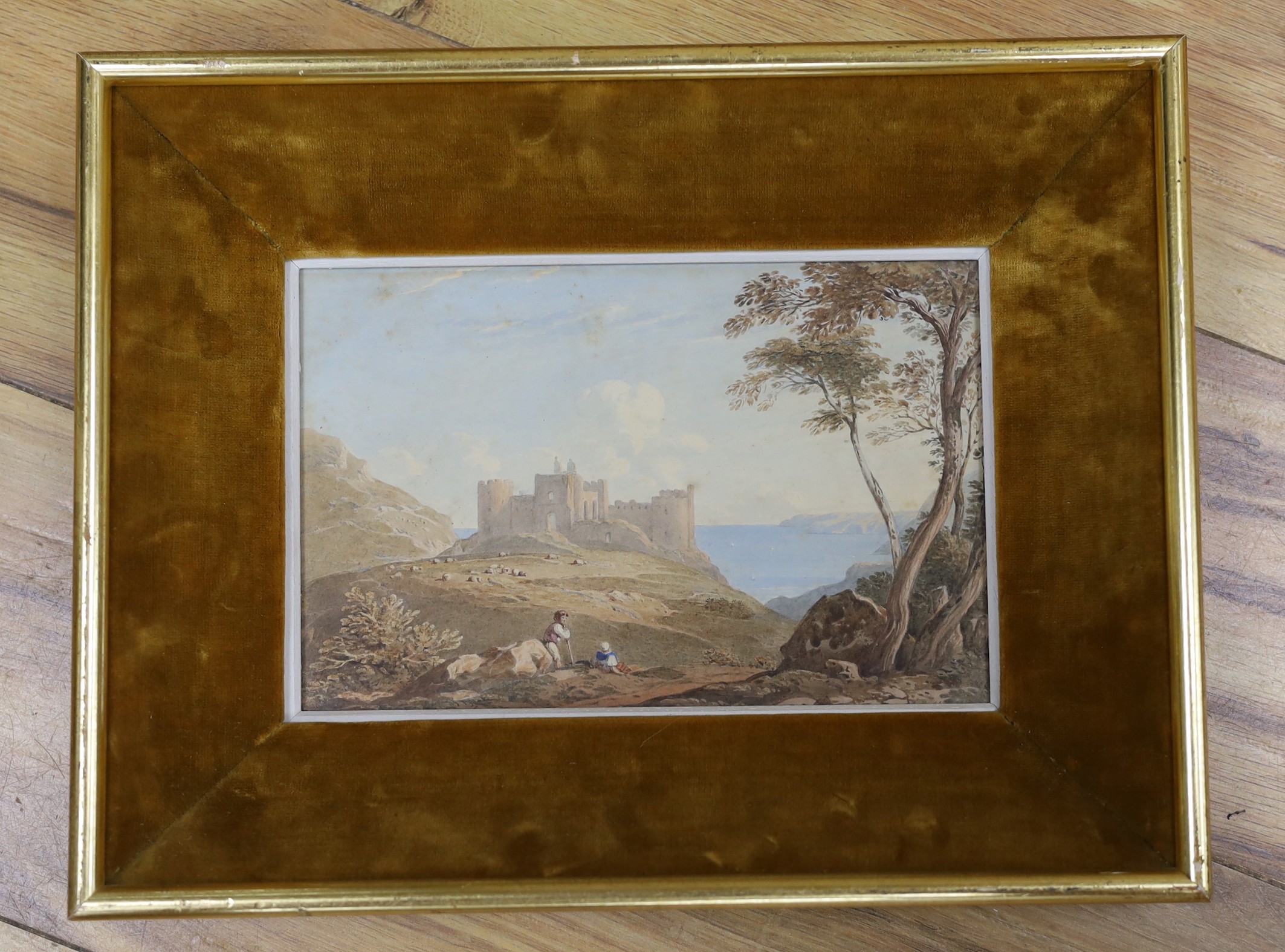 Attributed to John Varley (1778-1842), watercolour, 'Harlech Castle, Wales', 14 x 22cm